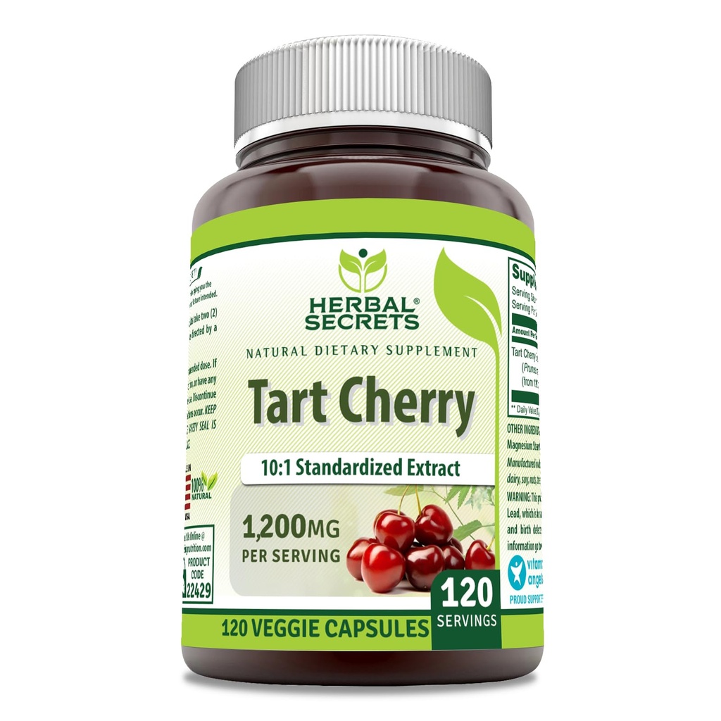 Herbal Secrets Tart Cherry 10:1 Supplément d'extrait normalisé $ 1200 Mg par service $ 120 Capsules de légumes $ Non-OGM $ Sans gluten $ Fabriqué aux États-Unis (1 Pack $ 120)