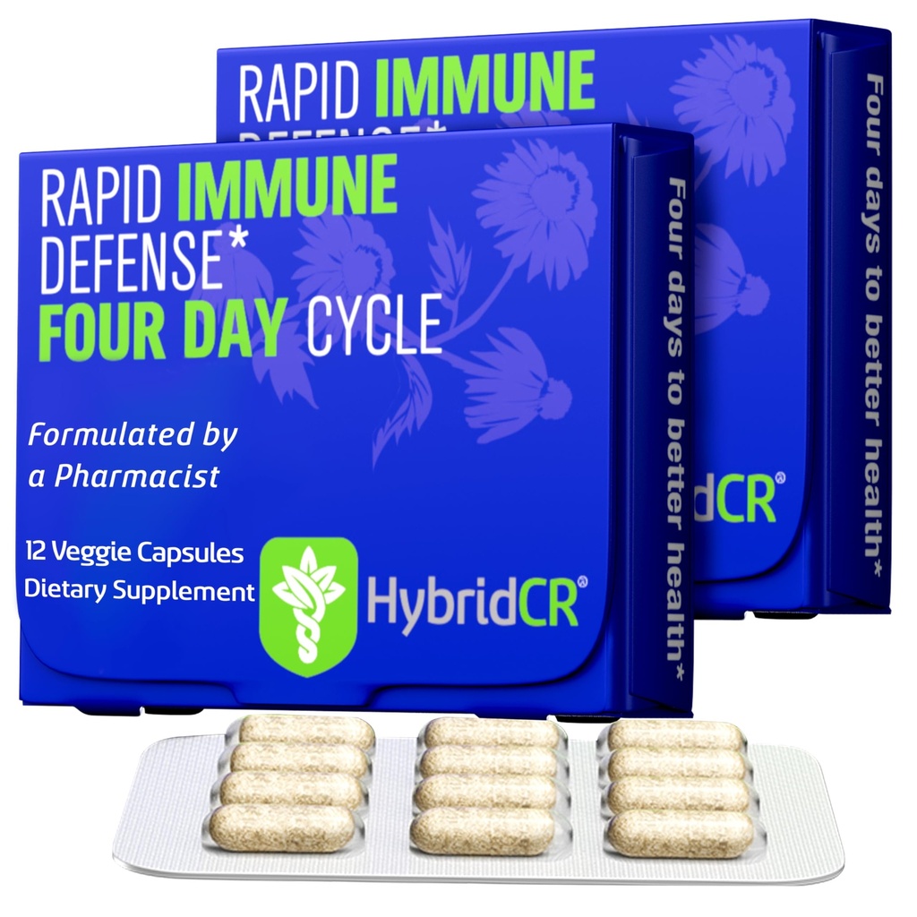 Supplément de soutien immunitaire rapide HybridCR – Supplément d'immunité 4 jours - Immune Defense Booster avec Echinacea, Ginseng, Andrographis, Zinc, Sélénium – Support système de taille de voyage – 24 capsules, 2 boîtes de dose
