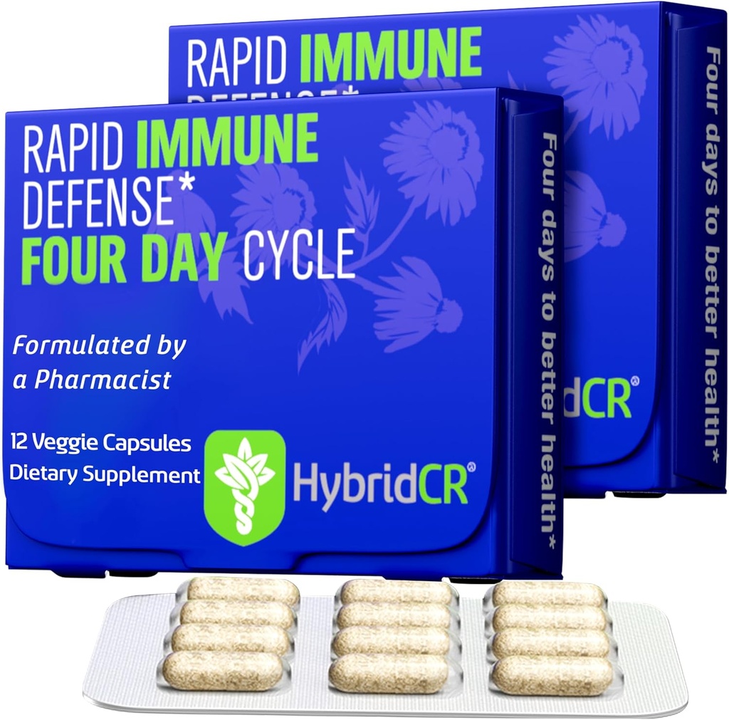 Supplément de soutien immunitaire rapide HybridCR – Supplément d'immunité 4 jours - Immune Defense Booster avec Echinacea, Ginseng, Andrographis, Zinc, Sélénium – Support système de taille de voyage – 24 capsules, 2 boîtes de dose