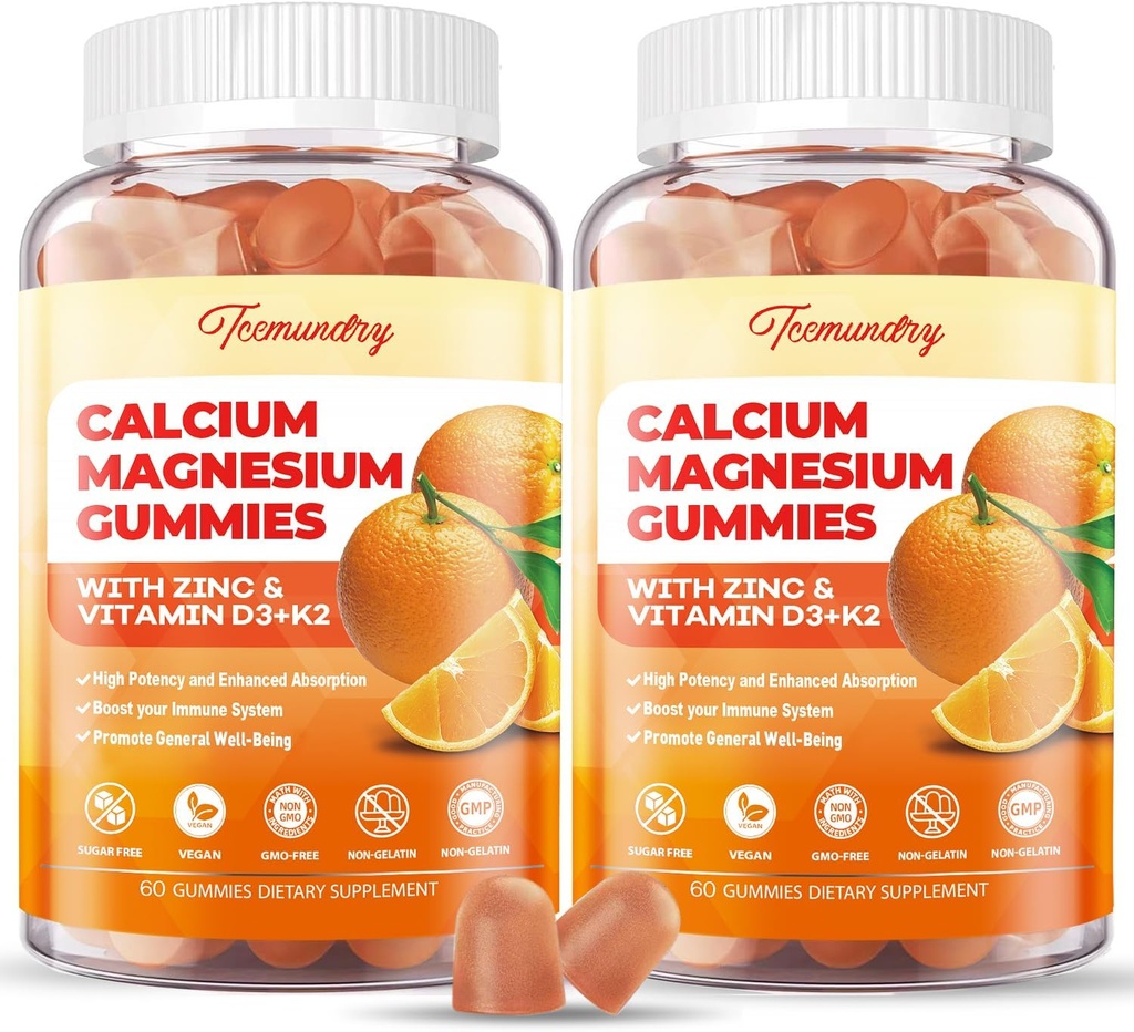 Calcium Magnésium Zinc Gommies avec vitamine D3 & K2 - Haute absorption Magnésium Glycinate 400mg - Supplément sans sucre Calcium - Support Nerve Muscle Mood & Immunity - pour adultes Hommes Femmes Enfants