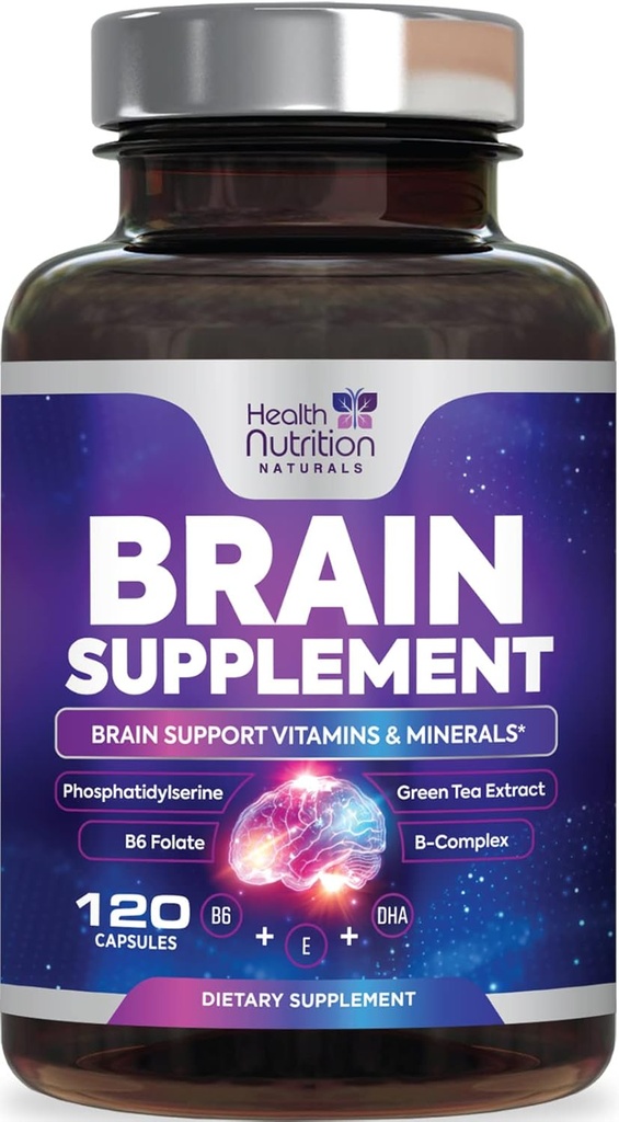 Brain Supplements for Memory and Focus - Extra Strength Nootropic Capsules for Concentration, Alertness, Cognitive Support - Phosphatidylserine, DMAE, Brain Health Vitamins B6 C E Zinc - 120 Capsules