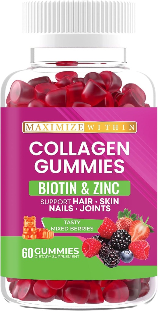 Collagen Gummies végétaliens, baies mixtes Flavor, 60 Gummies, soutient cheveux, peau, ongles, articulations