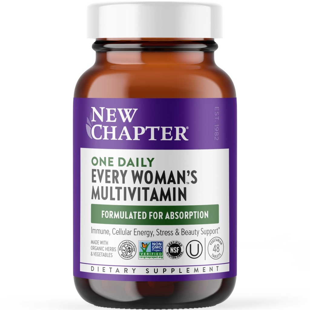 New Chapter Women’s Multivitamin, Iron, B6, B12, Biotin for Hair Growth, D3, VIT C, Zinc for Immune & Stress Support, Gentle on an Empty Stomach, One Daily, Non-GMO, Gluten-Free, 18+, 48 Tablets