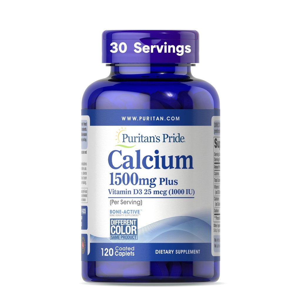 Puritan's Pride Absorbable Calcium 1500 mg Plus Vitamine D3 25mcg 1000 UI, complément alimentaire pour la force osseuse, le coeur, la nerve, le muscle et le soutien immunitaire, 120 Caplets enduits
