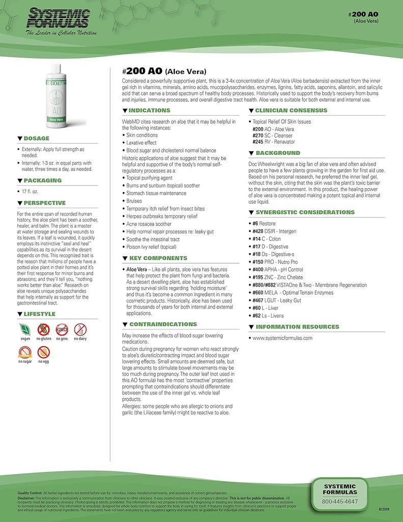 Formules systémiques Aloe Vera #200-16 oz Grade Premium pour la santé et le bien-être digestifs - Extrait d'Aloe Vera pur