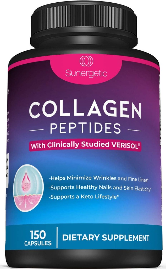 Capsules de Peptides Collagène Premium Sunergetic – 2500 mg de PEptides Collagène VERISOL Type 1 et Type 3 – Supplément Multi Collagène pour soutenir la santé articulaire, les cheveux, la peau et les ongles – 150 Capsules Collagène