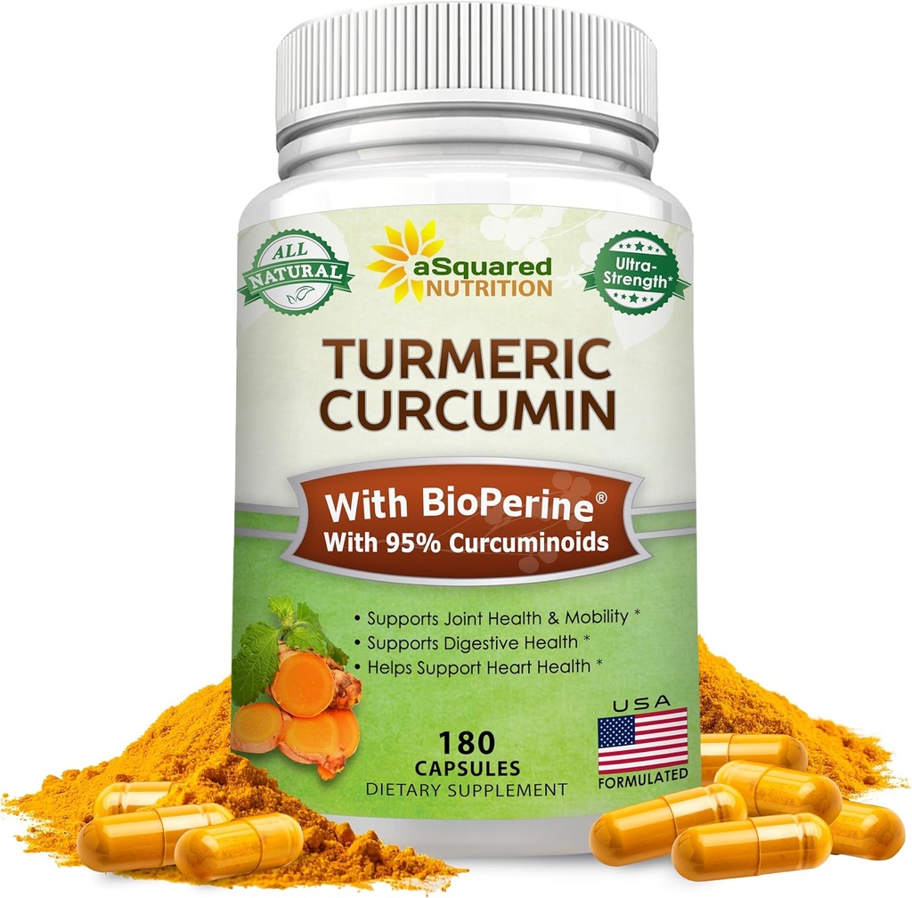 aSquared Nutrition Turmeric Curcumin 1300mg with BioPerine Black Pepper Extract - 180 Capsules - with 95% Curcuminoids, 100% Natural Tumeric Root Powder Supplements, Pure & Joint Stiffness Pills
