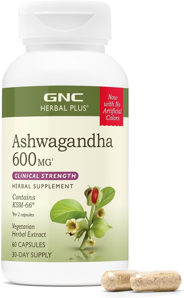 GNC Herbal Plus Ashwagandha Supplément 600mg, Force clinique, Végétarien, Soutien anti-stress, 30 portions