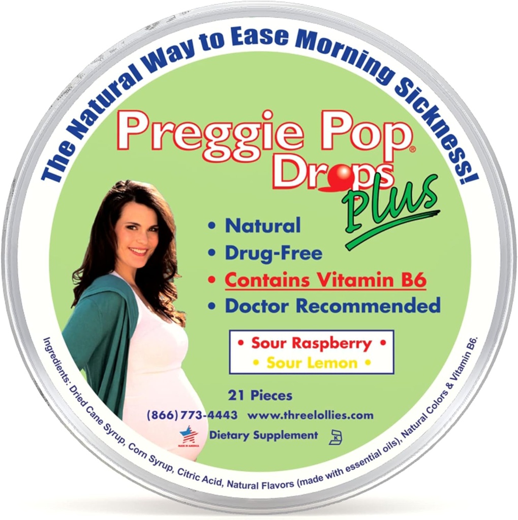 Preggie Pop Drops Plus de 21 gouttes de vitamine B6 pour la maladie du matin et le soulagement des nausées pendant la grossesse.