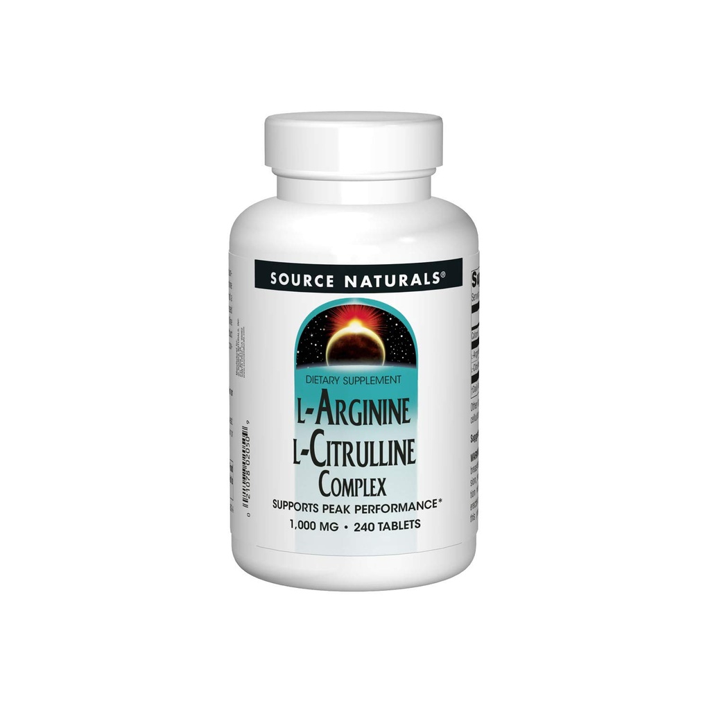 Source Naturals Complexe L-Arginine L-Citrulline, supplément essentiel à l'acide amino, soutient la performance maximale* 1 000 mg - 240 comprimés