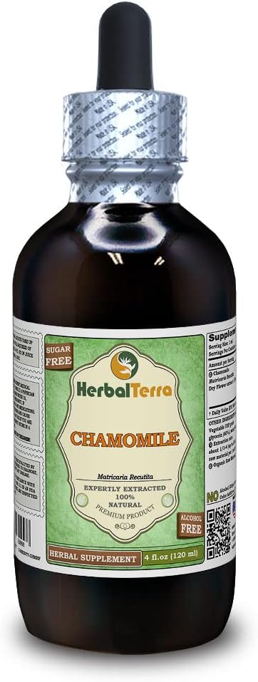 Camomille (Matricaria Recutita) Glycérite, Fleurs séchées organiques Extrait liquide sans alcool (Marque: HerbalTerra, Fièrement fabriqué aux États-Unis) 4 fl.oz (120 ml)