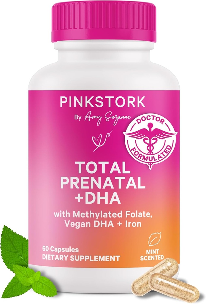 Pink Stork Vitamines prénatales totales avec DHA, Folate, Fer, Choline et Vitamine B12 - Préconception Nutrition - Prénatales pour les femmes, Grossesse Essentielle - Essence de menthe, 60 capsules, 1 mois d'approvisionnement