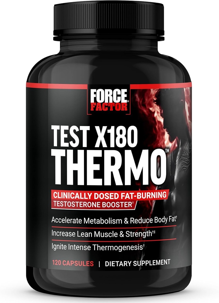 FORCE FACTOR Test X180 Thermo Testostérone Supplément et brûleur de graisse pour les hommes pour accélérer le métabolisme, réduire la graisse corporelle, construire le muscle maigre et augmenter la thermogenèse, 120 capsules