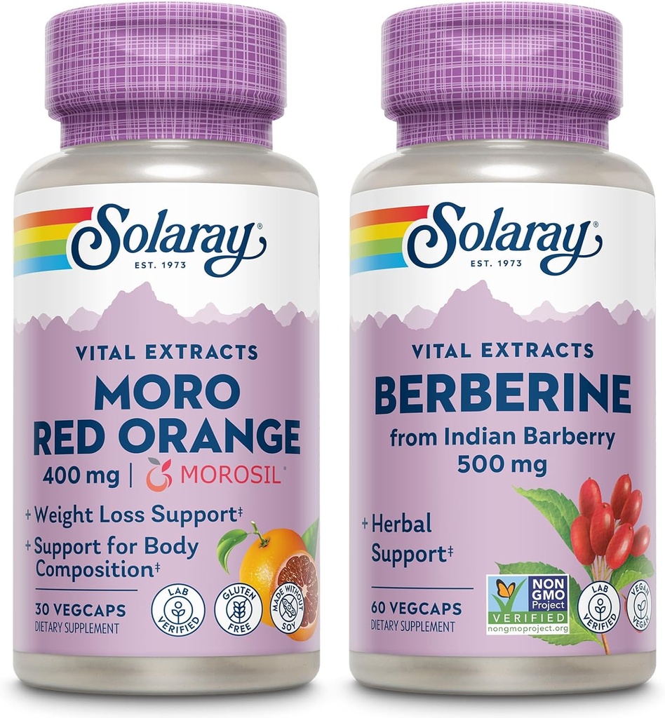 SOLARAY Moro Red Orange and Berberine Bundle - Morosil supplément de perte de poids pour les femmes et les hommes avec orange de sang, Berberine HCl de baies indiennes - Weight Loss Support, garantie de 60 jours, 30/60ct