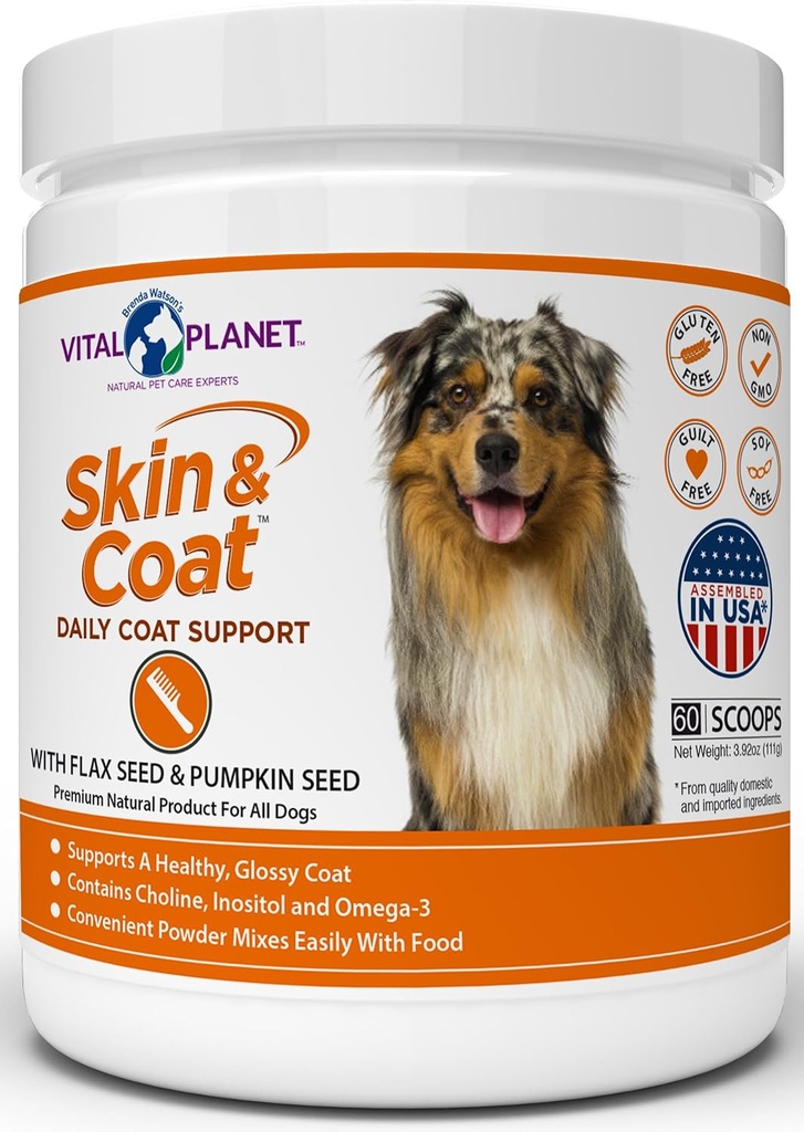 Planète Vital - Supplément en poudre de peau et de manteau pour chiens aux huiles Choline, Inositol, Citrouille, Lin et Omega-3 pour soutenir un manteau doux brillant et sain et pour les allergies saisonnières - 60 Scoops, 111g, 3,92oz