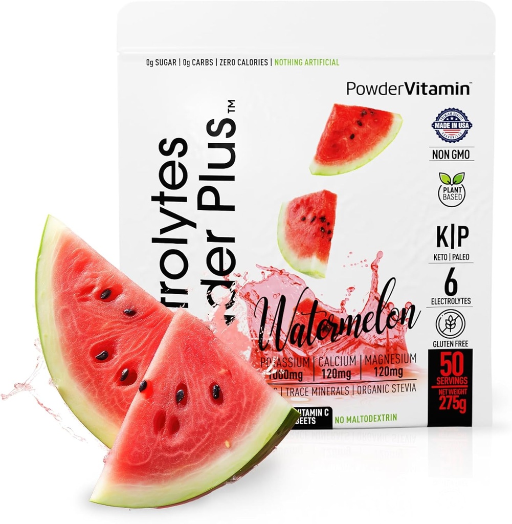 Poudre d'électrolytes Plus (50 portions), 0 Calorie Keto, 0 Sucre, Non Maltodextrine,1000mg Potassium,120mg Calcium,120mg Magnésium, Poudre d'hydratation (50 portions, pastèque)