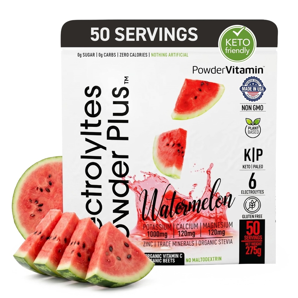 Poudre d'électrolytes Plus (50 portions), 0 Calorie Keto, 0 Sucre, Non Maltodextrine,1000mg Potassium,120mg Calcium,120mg Magnésium, Poudre d'hydratation (50 portions, pastèque)