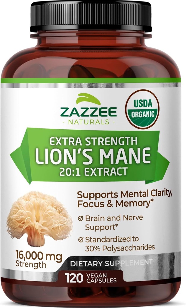 Zazzee USDA Organic Lion's Mane 20:1 Extrait, 30% Polysaccharides, 16 000 mg Strength, 120 Capsules Vegan, Nootropic pour la santé du cerveau, Focus, Memory, Concentration et Immune Support, Fabriqué aux États-Unis