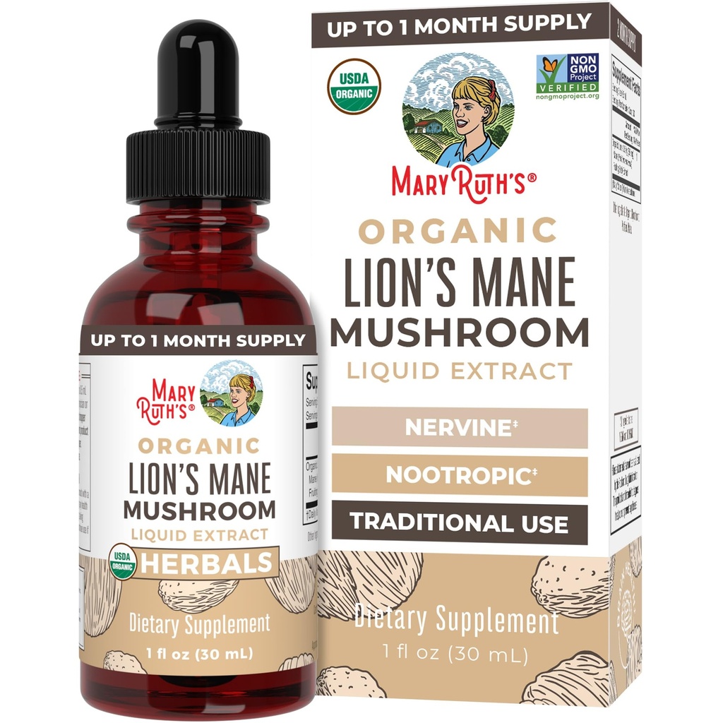 MaryRuth Organics Lions Mane Mushroom Supplement, Up to 1 Month Supply, Nootropic USDA Organic Lions Mane Extract Nervine Herbal Liquid Drops, Brain Health Non-GMO Vegan Alcohol Free Tincture, 1 Fl Oz