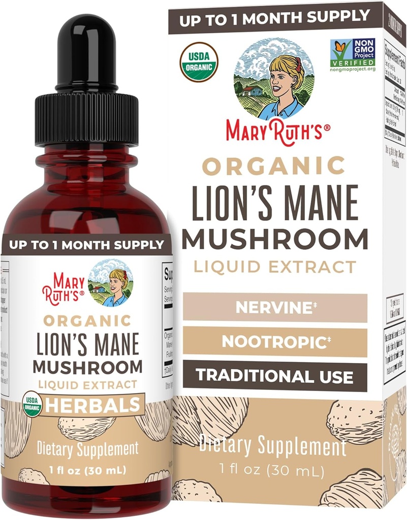MaryRuth Organics Lions Mane Mushroom Supplement, jusqu'à 1 mois d'approvisionnement, Nootropic USDA Organic Lions Mane Extract Nervine Herbal Liquid Drops, Cerveau Santé Non-OGM L'alcool végétal sans teinture, 1 Fl Oz