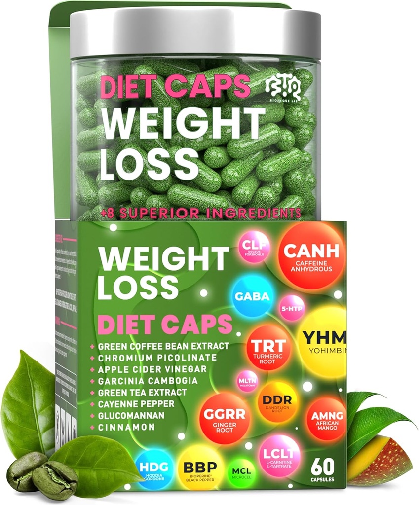 Weight Loss Diet Capsules, Suppresseur d'appétit naturel, brûleur de graisse jour et nuit pour les femmes et les hommes avec cidre de pomme, extrait de café vert, supplément de métabolisme Booster - 60 pilules