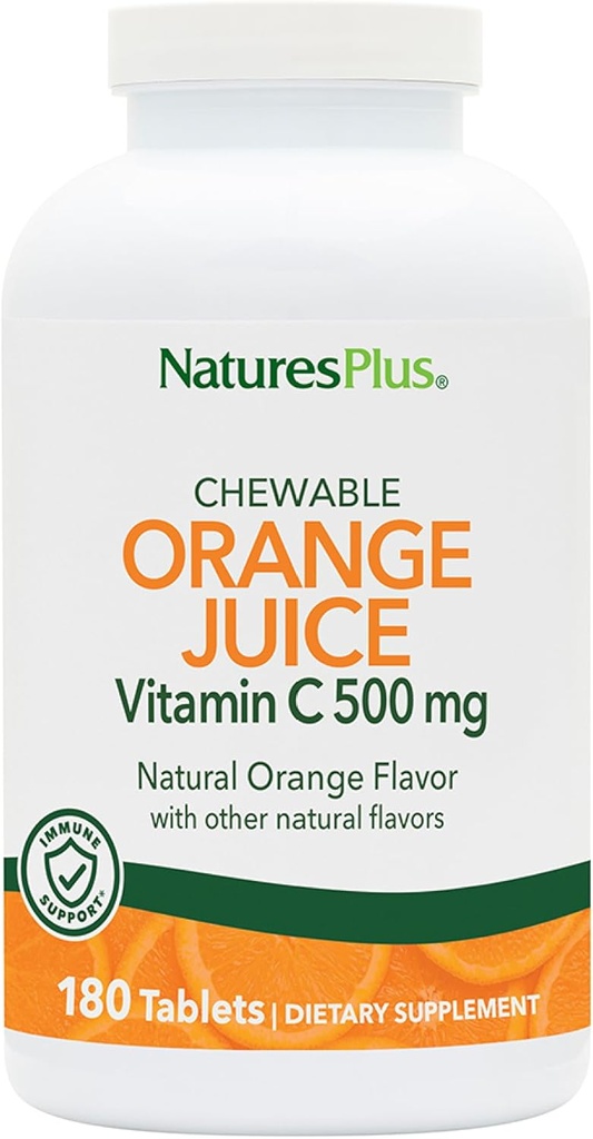 NaturesPlus Jus d'orange Vitamine C 500 mg - 180 comprimés à croquer, boîte de 2 - favorise la santé immunitaire optimale - doux sur votre ventre - végétalien, sans gluten - 360 portions totales