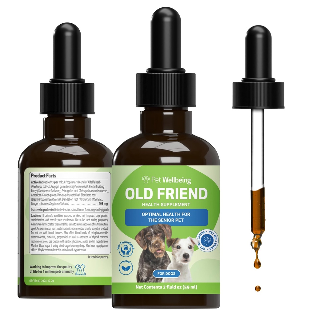 Animaux de compagnie Bien-être Un vieil ami pour les chiens aînés - Soutiens Système immunitaire Santé, Mobilité conjointe, Niveaux d'énergie sains, Alfalfa, Reishi - Vétérinaire-formulé supplément à base de plantes 2 oz (59 ml)