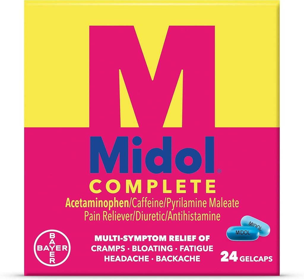 Midol Complete Gelcaps 24ct: Midol Complete Menstrual Pain Relief Gelcaps avec l'acétaminophène pour le symptôme menstruel, le SPM Relief et la période Cramp Relief - 24 Compte (Emballage May Vary)