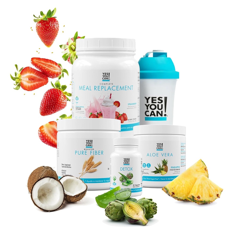 Oui, vous pouvez! Detox Plus Kit, Nettoyez quotidiennement Remplacement de repas en fibre pure, Drink Mix, Shake Booster et supplément, Kit de nettoyage du corps pour les femmes, Nettoyez quotidiennement le système - Fraise, Aloe Vera Hibiscus