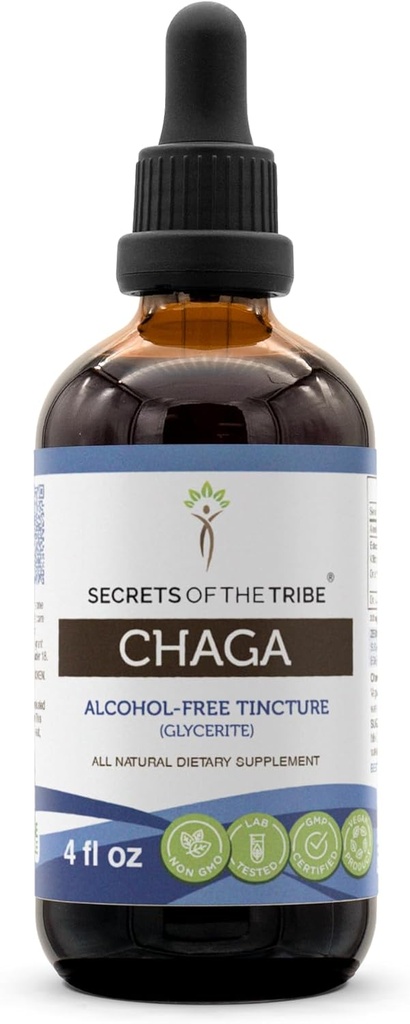 Secrets de la tribu Chaga Tecture Extrait sans alcool, Chaga sauvage (Inonotus obliquus) Champignon entier séché (4 FL OZ)