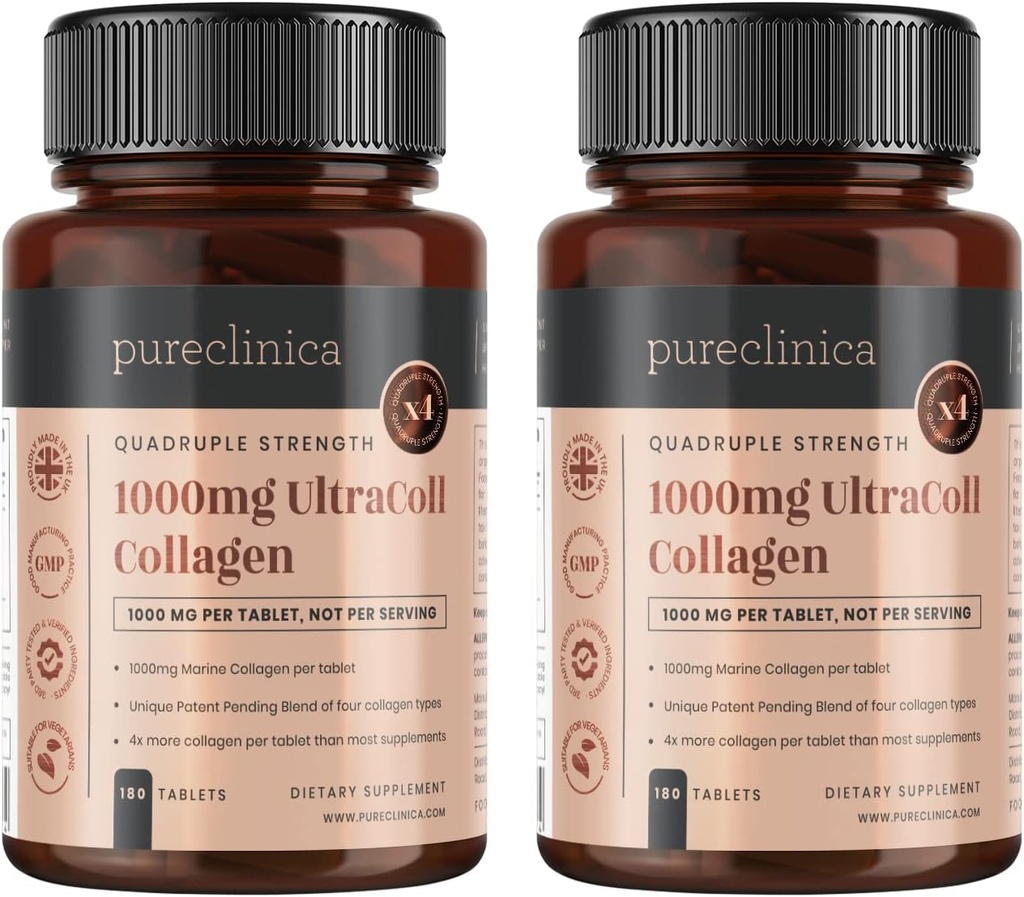 pureclinica UltraColl Marine Collagen 1000mg x 360 Tablets (2 Bottles of 180 Tablets - 6 Months Supply). The only Patented Anti-Aging Collagen Types I, II, III, and VII.