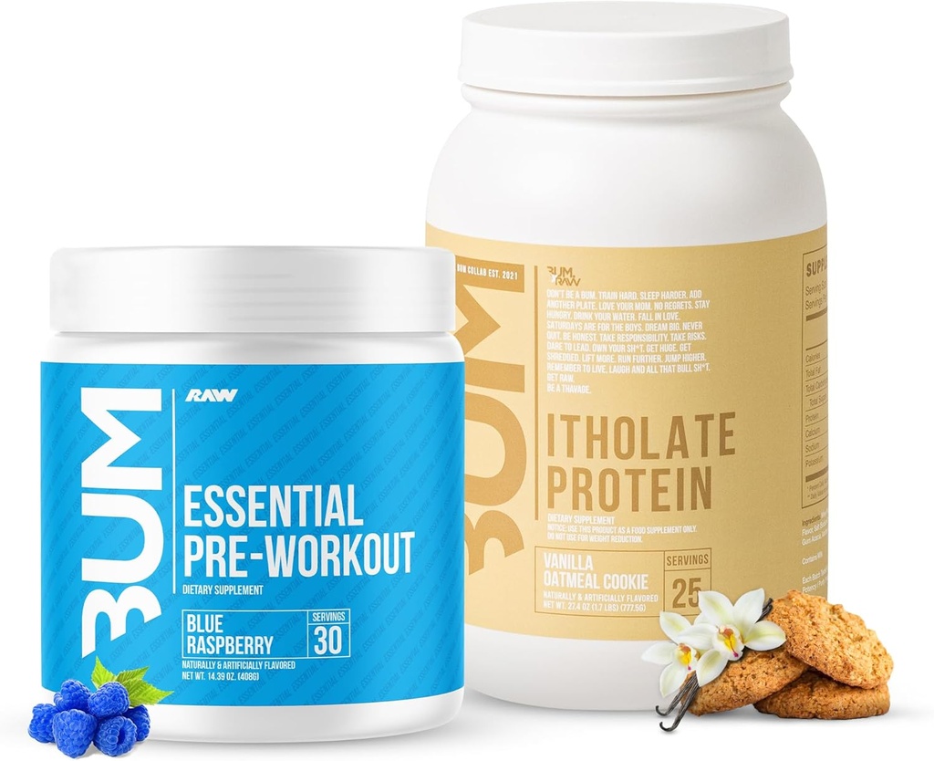 RAW Whey Isolate Protein Powder & Essential Pre-Workout Powder Bundle (Vanilla Oatmeal Cookie & Blue Raspberry) - Chris Bumstead Sports Nutrition Supplement for Men & Women
