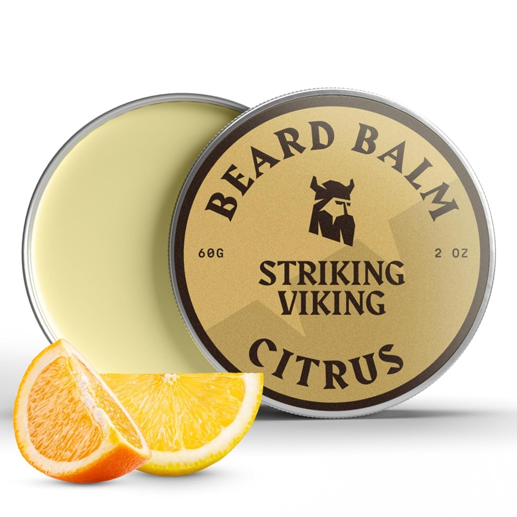 Baume Viking Strike pour les hommes - Laisser en conditionneur de barbe - Baume Styling fabriqué avec des huiles de beurre, d'argan et de jojoba naturellement dérivés (2 once (paquet de 1), Citrus)
