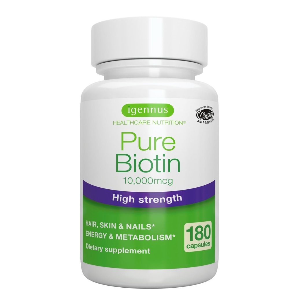 Igennus Clean Biotin 10 000mcg, Vitamine B7 à haute puissance, Vérifié en laboratoire, Végétalien, 1 jour, Petite Capsules faciles à avaler, Non après le goût ou l'odeur, Hypoallergénique