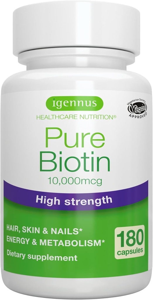 Igennus Clean Biotin 10 000mcg, Vitamine B7 à haute puissance, Vérifié en laboratoire, Végétalien, 1 jour, Petite Capsules faciles à avaler, Non après le goût ou l'odeur, Hypoallergénique