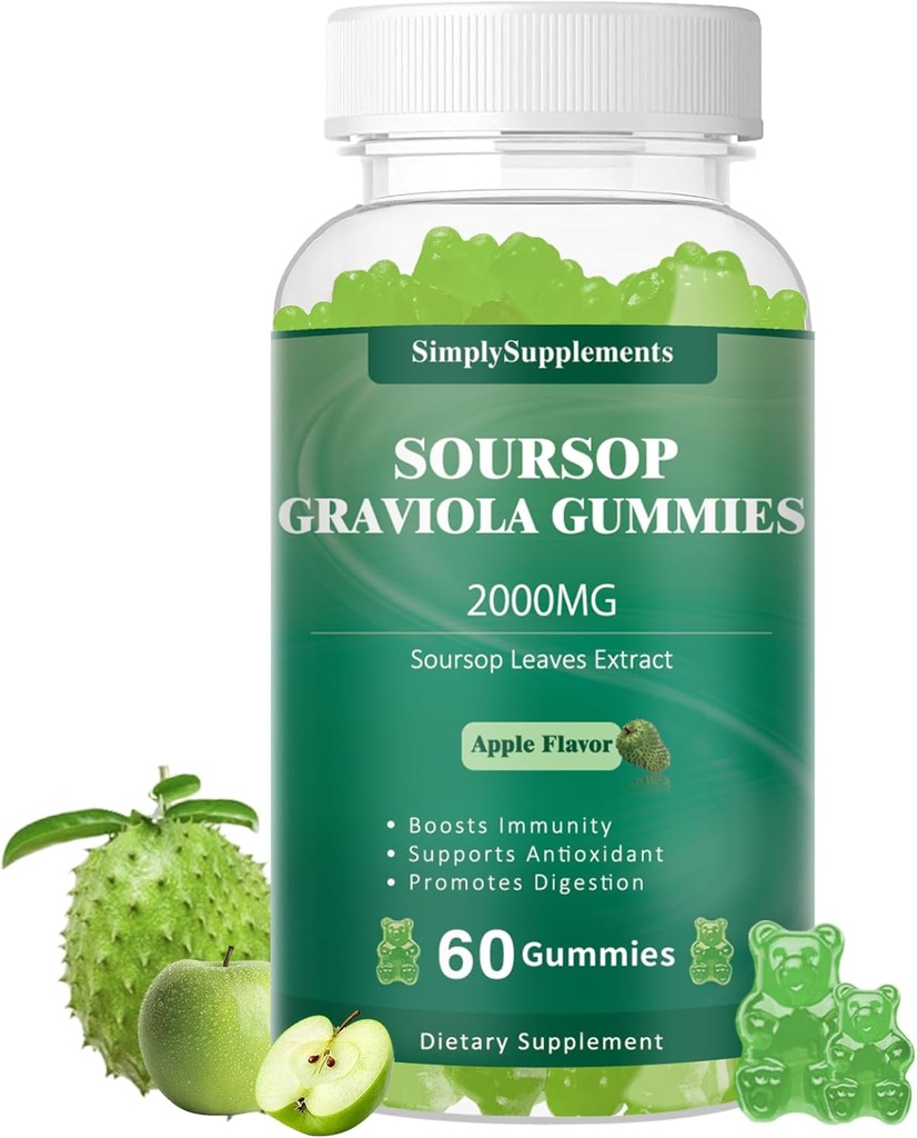 Soursop Graviola Gommies, Feuilles de Soursop Biologique Extrait 2000mg pour Antioxydant, Immune Support et Promotion Digestive, Vegan - Saveur de pomme verte - 60 Gummies