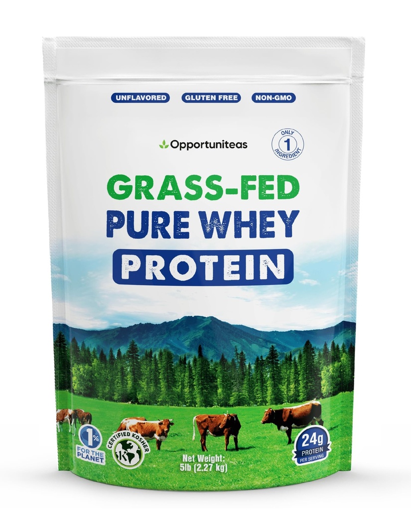 Opportuniteas Grass Fed Whey Protéine Poudre Concentrate - 1 Ingrédient - Protéine pure supplément pour boire, smoothie, Shake, cuisine et cuisson - Non OGM, sans hormones et sans gluten - 5 livres