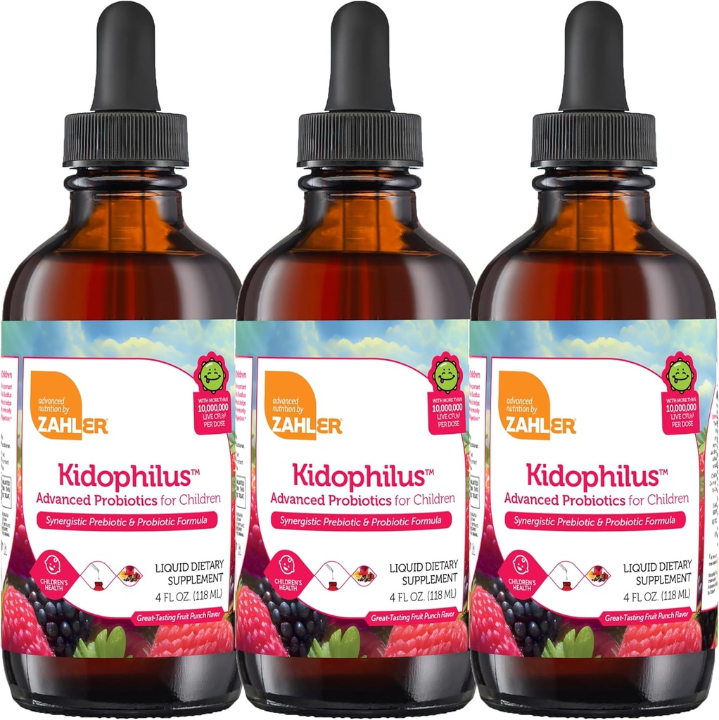 Zahler - Kidophilus Liquid Drops Probiotics for Kids (4 Fl Oz) Certified Kosher, for Healthy Digestion & Immune Support - Fruit Punch Flavoured Children's Probiotic Drops Supplément (3 Pack)