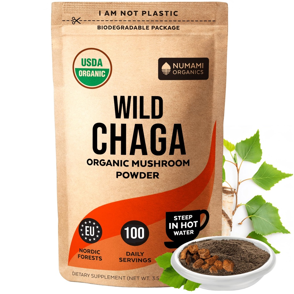 Poudre de champignons de Chaga biologique - Poudre fine pour faire du thé de Chaga pour la défense immunitaire et plus d'énergie, le Chaga biologique est cultivé sauvage et récolté durablement en Europe, certifié USDA Organic, 100 portions
