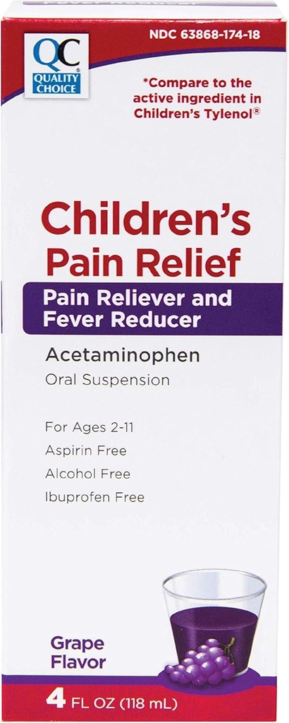 Choix de qualité Réduction de la douleur et de la fièvre chez les enfants, 4fl oz d'acétaminophène 160mg par 5ml, Ibuprofène et Aspirine sans, liquide rhume et la grippe médicament pour les enfants, Force régulière OTC médicaments