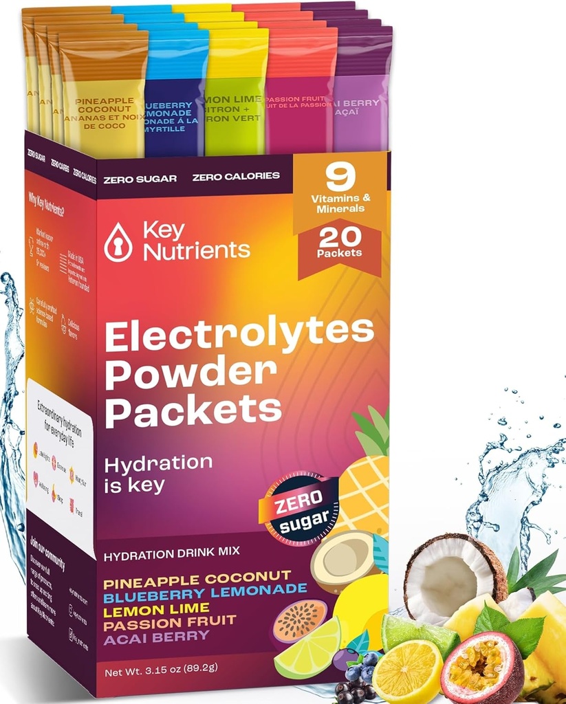 NUTRIENTS CLÉS Electrolytes Packs en poudre Pas de sucre - 5 saveurs délicieuses dans les emballages d'hydratation 20 Pack - Pas de calories, sans gluten Electrolytes Packs en poudre, non OGM, fabriqués aux États-Unis