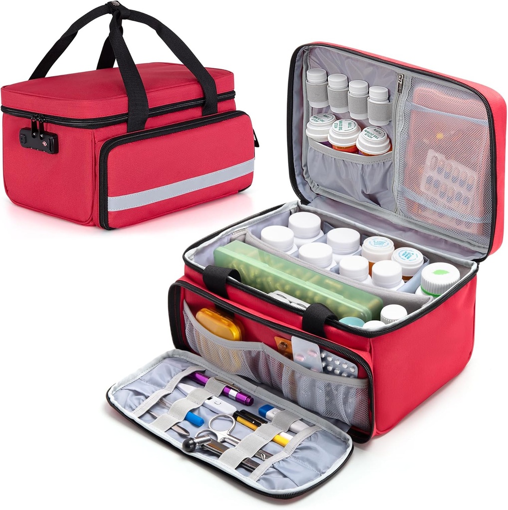 CURMIO Organisateur de bouteilles de pilules, Sac de médecine avec serrure pour bouteilles d'ordonnance et trousses de premiers soins, Rouge (conception brevetée)