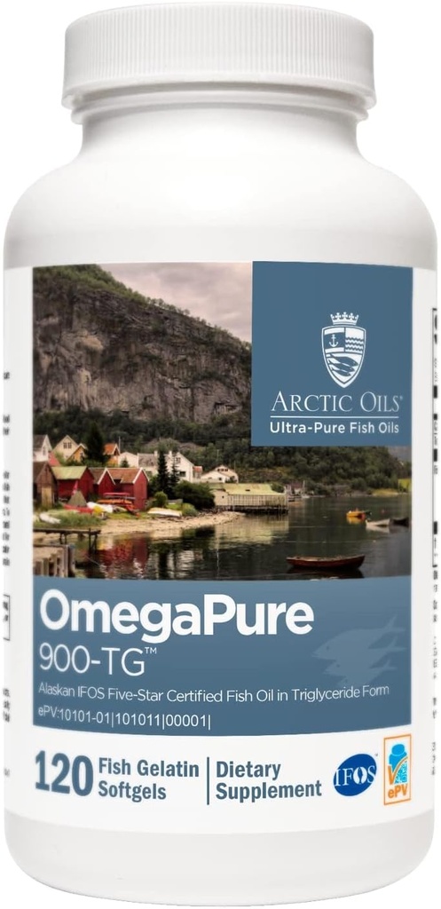 XYMOGEN OmegaPure 900-TG - Normes internationales sur l'huile de poisson (IFOS) Huile de poisson certifiée cinq étoiles - Supplément Omega-3 de l'EPA DHA sous forme de triglycéride pour le soutien cardiovasculaire + cognitif (120 Softgels)