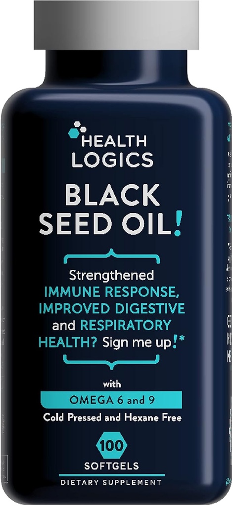 Health Logics Black Seed Oil, Cold Pressed, Rich Source of Omega 6 & 9 Essential Fatty Acids, from Nigella Sativa (100 Soft Gel Capsules)