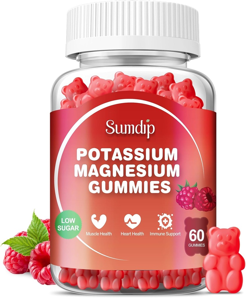 Potassium Magnésium Gommies Potassium Suppléments Haute Absorption Citrate de potassium Citrate de magnésium, Crampes de soutien des jambes Relaxation musculaire pour les hommes et les femmes 60 Gommies, Framboise