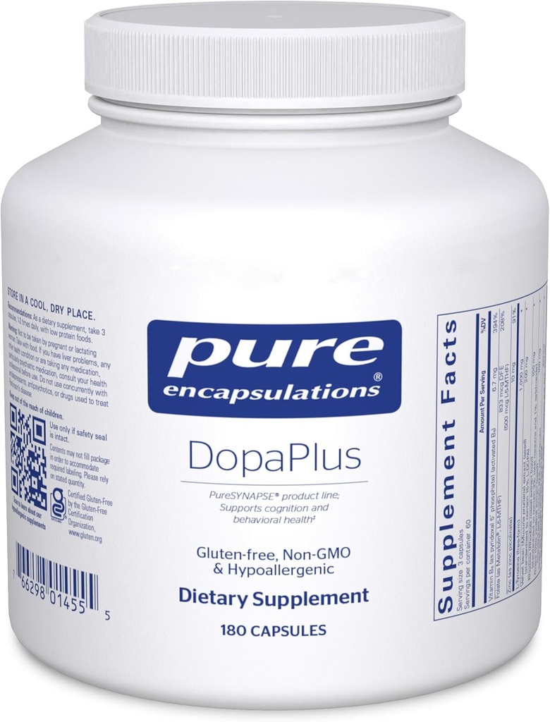 Encapsulations pures DopaPlus - soutient la production de dopamine - pour la fonction cérébrale quotidienne* - avec folate, vitamine B6 et L-5-MTHF - non-OGM et végétalien - 180 capsules