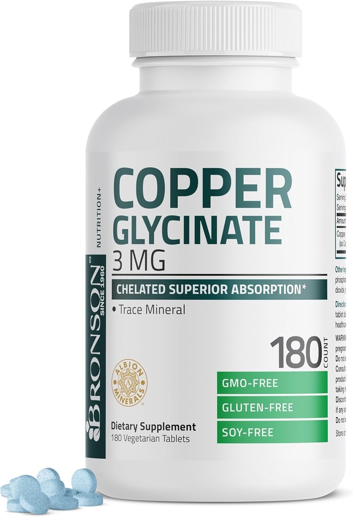 Bronson Cuivre Glycinate 3mg Absorption supérieure chélatée Non-OGM, 180 comprimés végétariens
