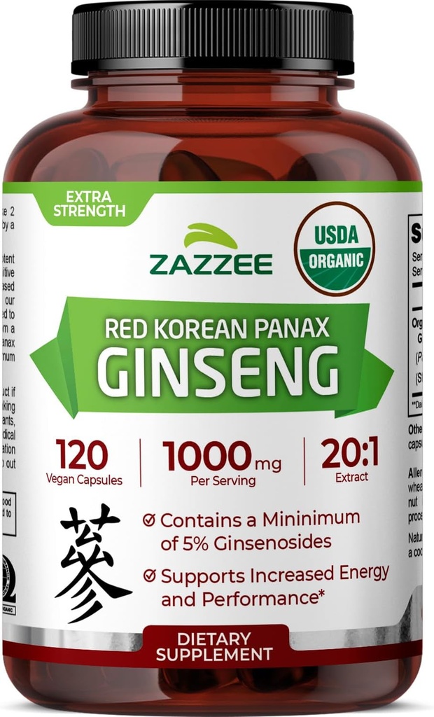 Zazzee USDA Extrait de Ginseng 20:1, 1000 mg, 5% Ginsénoside, 120 Capsules Vegan, Extrait de racine 20X normalisé et concentré, 100% végétarien, tout naturel, fabriqué aux États-Unis