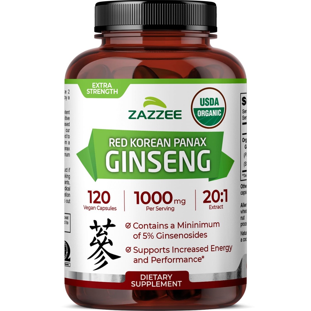 Zazzee USDA Extrait de Ginseng 20:1, 1000 mg, 5% Ginsénoside, 120 Capsules Vegan, Extrait de racine 20X normalisé et concentré, 100% végétarien, tout naturel, fabriqué aux États-Unis