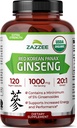 Zazzee USDA Extrait de Ginseng 20:1, 1000 mg, 5% Ginsénoside, 120 Capsules Vegan, Extrait de racine 20X normalisé et concentré, 100% végétarien, tout naturel, fabriqué aux États-Unis